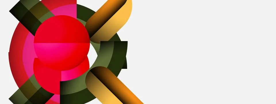 Abstract composition features overlapping shapes, vibrant colors. Red circle Illustrazione stock