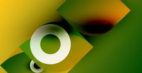 Abstract composition features overlapping shapes, vibrant greens, yellows, plus Stock Illustration