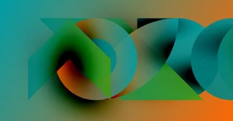 Abstract composition features overlapping shapes, gradients. Teal, green, orange Illustrazione stock