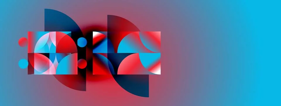 Abstract composition features overlapping shapes, vibrant blues, reds. Gradie Stock Illustration