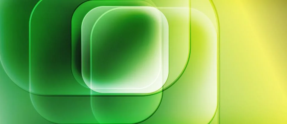 Abstract composition features overlapping squares, gradients. Green, yellow hues Stock Illustration