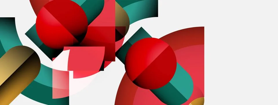 Abstract composition features red spheres, geometric shapes, teal hues, plus Stock Illustration