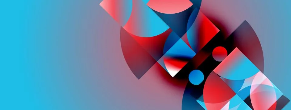 Abstract composition features vibrant blue, red shapes. Overlapping circles, Stockillustratie