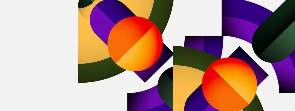Abstract composition features vibrant circles, rectangles. Purple, orange, green Stockillustratie