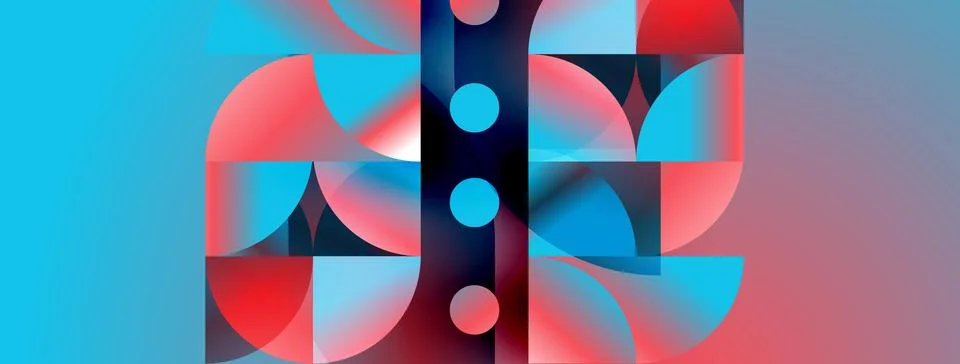 Abstract composition features vibrant circles, curves, gradients. Blue, red.. Stock Illustration