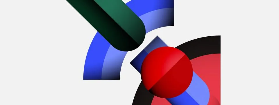 Abstract composition features vibrant geometric shapes. Red sphere intersects Stock Illustration
