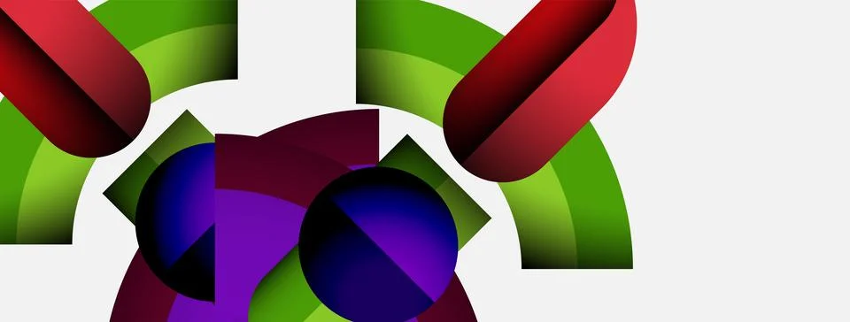 Abstract composition features vibrant geometric shapes. Circles, arcs, 스톡 일러스트