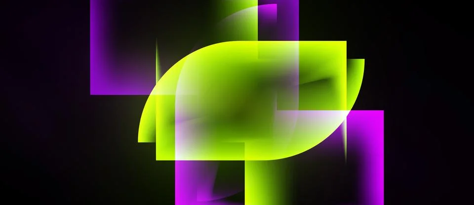 Abstract composition features vibrant green, purple shapes. Overlapping Stock Illustration