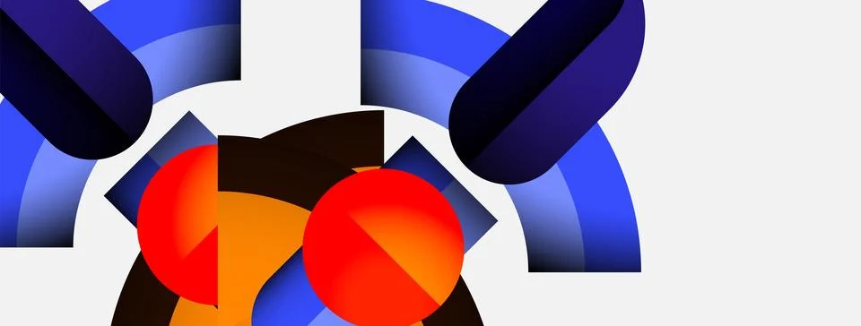 Abstract composition features vibrant shapes, colors. Blue, orange, red elements Illustrazione stock