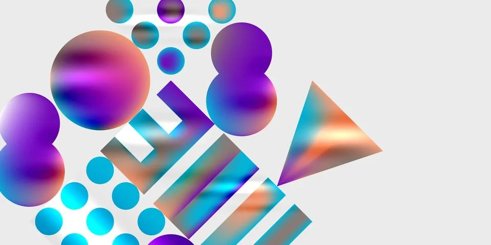 Abstract composition features vibrant spheres, rectangles, triangle. Gradient Stock Illustration