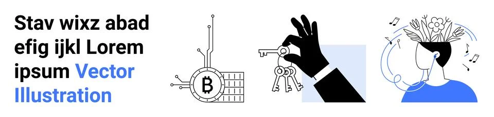 Abstract Composition Featuring Bitcoin, Hand Holding Keys, and Woman Listen.. Illustrazione stock