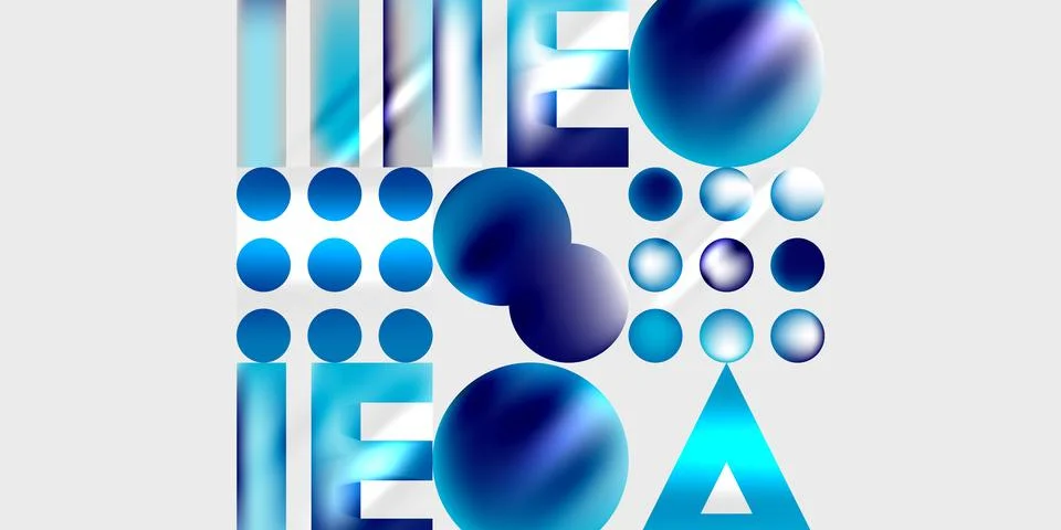 Abstract composition featuring blue shapes, text elements, circles, lines, Stock Illustration