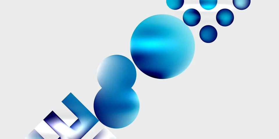 Abstract composition featuring blue spheres, varying sizes, gradient effect. Ilustración de archivo