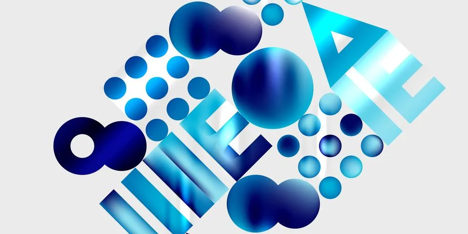 Abstract composition featuring blue spheres, gradients, text elements. Modern Illustrazione stock