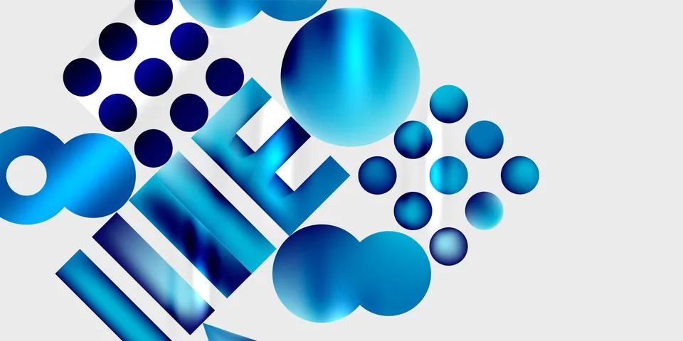 Abstract composition featuring blue spheres, rectangles, dots. Gradient shading Stock Illustration