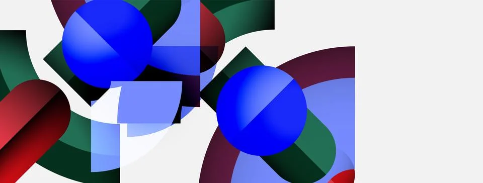 Abstract composition featuring blue spheres, red shapes, green elements. Illustrazione stock