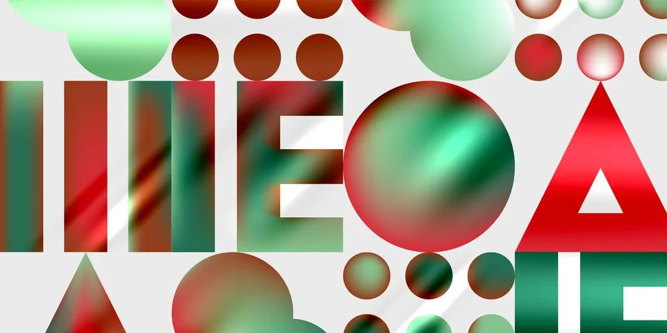 Abstract composition featuring bold letters, circles, triangles. Red, green, Stockillustratie