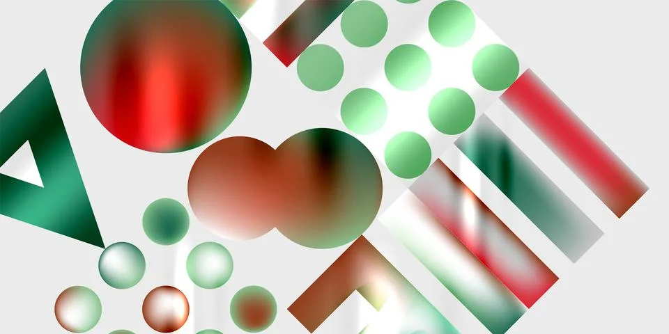 Abstract composition featuring circles, triangles, rectangles. Red, green hues Illustrazione stock