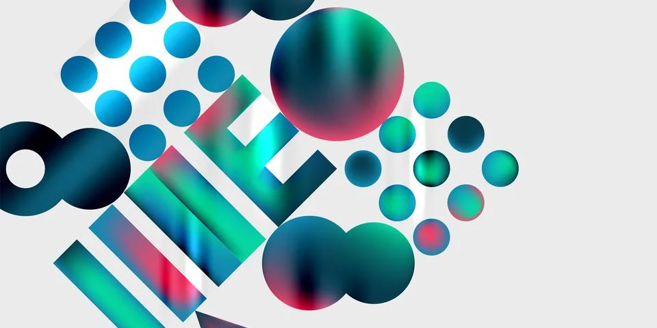Abstract composition featuring colorful circles, rectangles, gradients. Modern Illustration