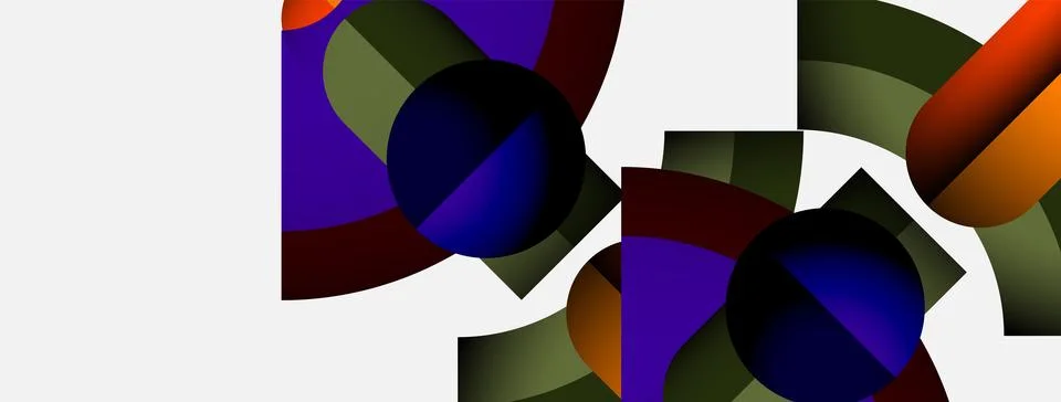 Abstract composition featuring colorful geometric shapes. Circles, curves, Illustrazione stock