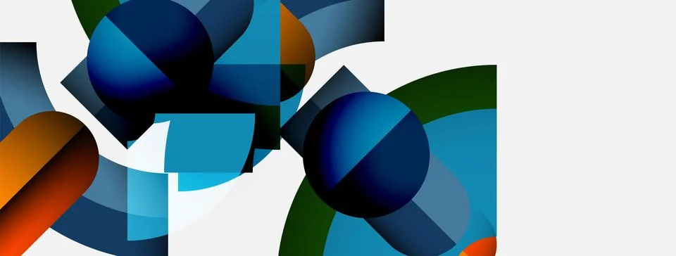 Abstract composition featuring colorful spheres, rectangles, gradients. Modern Stock Illustration