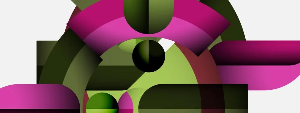 Abstract composition featuring curved shapes, pinks, greens, dark tones. Stock Illustration