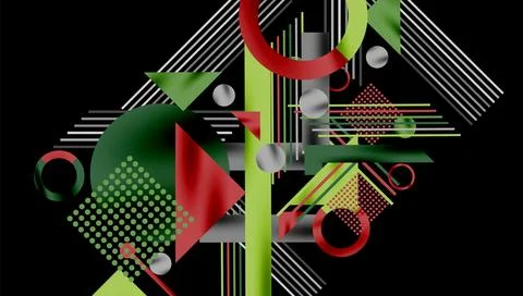 Abstract composition featuring geometric shapes. Red, green, gray elements Stock Illustration