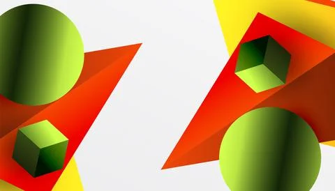 Abstract composition featuring geometric shapes. Spheres, cubes, triangles Stock Illustration