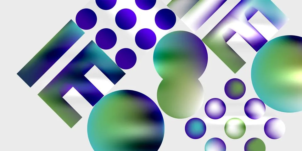 Abstract composition featuring gradient spheres, circles, rectangles. Vivid Stock Illustration