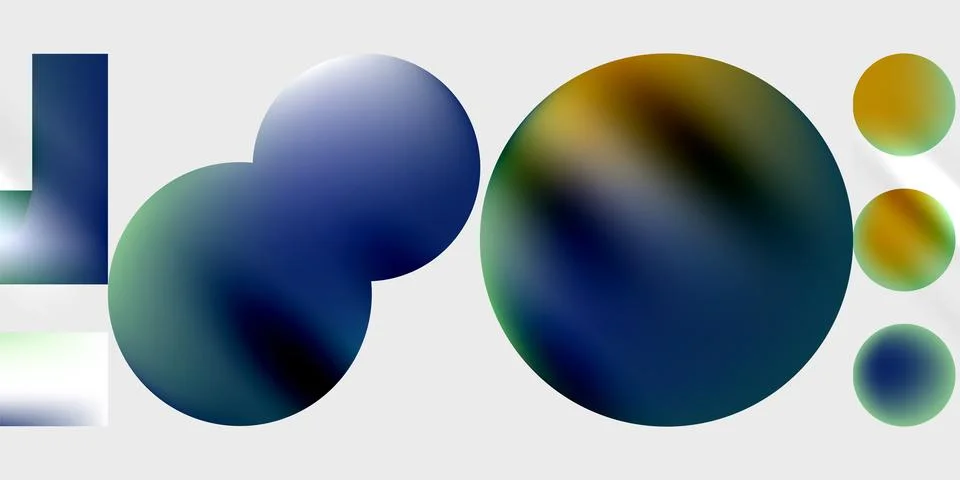Abstract composition featuring gradient spheres, rectangles. Colors range from Stockillustratie