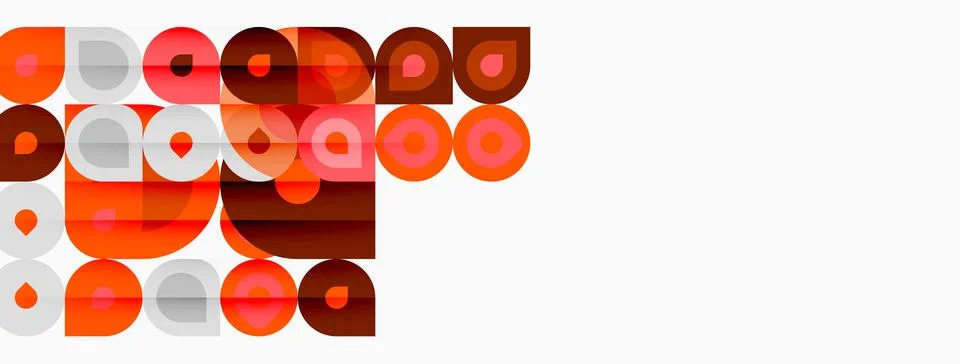 Abstract composition featuring layered orange circles, rectangles. Minimalist Illustrazione stock