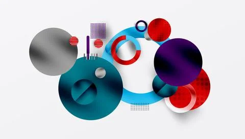 Abstract composition featuring overlapping circles, rings, rectangles. Various Stock Illustration