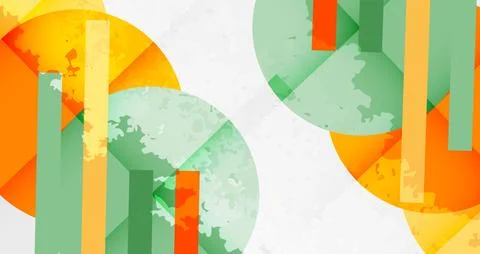 Abstract composition featuring overlapping circles, rectangles. Colors include Stock Illustration