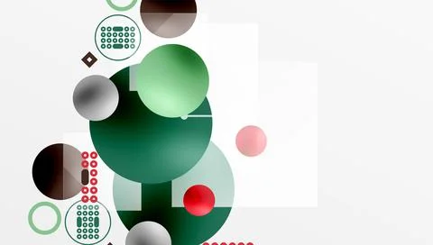 Abstract composition featuring overlapping circles, squares, dots. Green, red, Stock Illustration