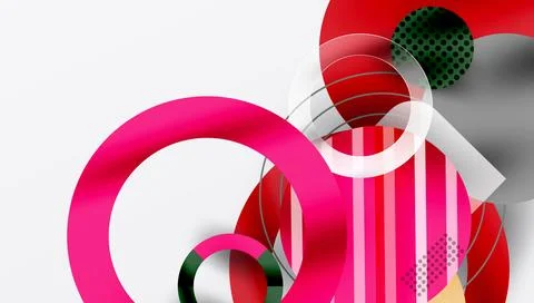 Abstract composition featuring overlapping circles, stripes, plus geometric Stock Illustration