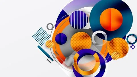 Abstract composition featuring overlapping circles, stripes, rectangles. Modern Illustrazione stock