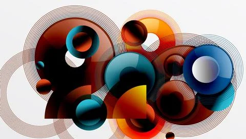 Abstract composition featuring overlapping circles, lines. Warm, cool colors 스톡 일러스트
