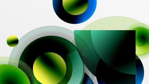 Abstract composition featuring overlapping circles, lines, squares. Gradient Stock Illustration
