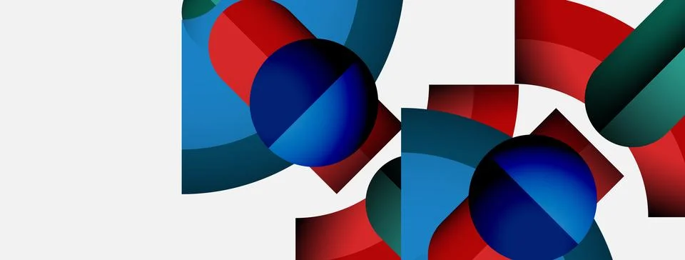 Abstract composition featuring overlapping circles, rectangles. Red, blue, teal Stock Illustration