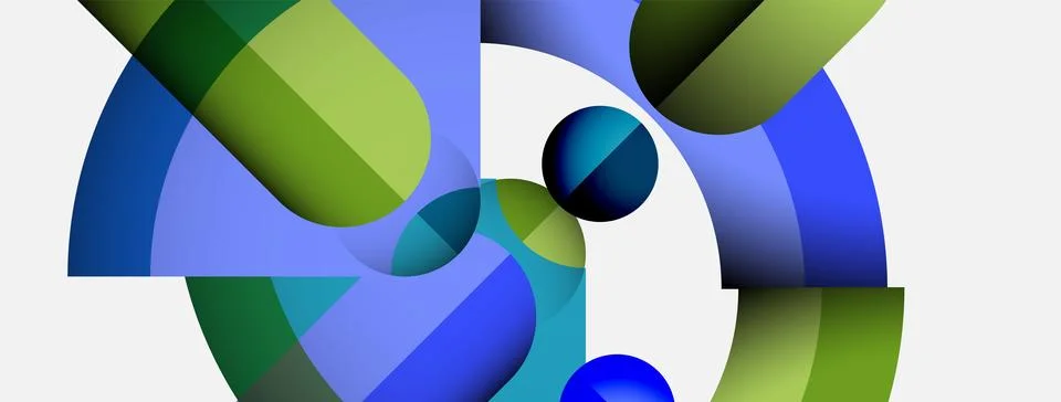 Abstract composition featuring overlapping circles, curves, gradients. Blue, Illustrazione stock