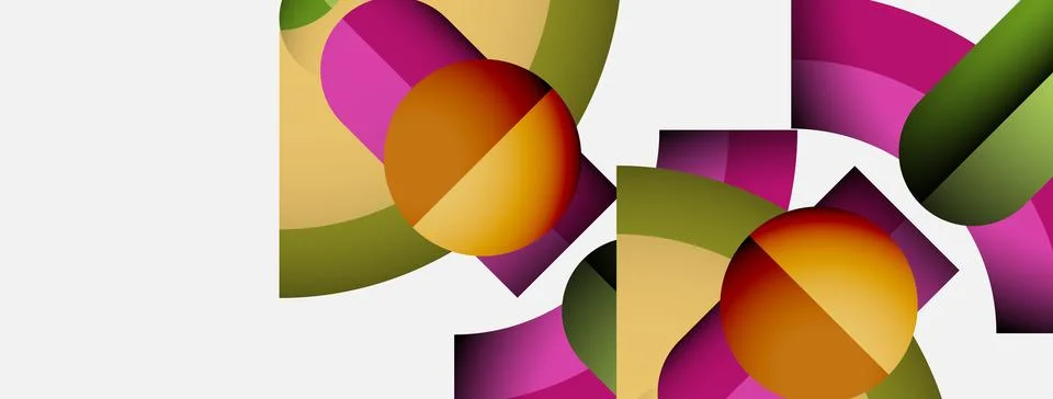 Abstract composition featuring overlapping circles, rectangles. Colors include 스톡 일러스트