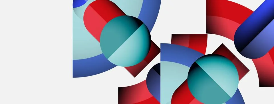 Abstract composition featuring overlapping circles, rectangles. Red, blue, teal 스톡 일러스트