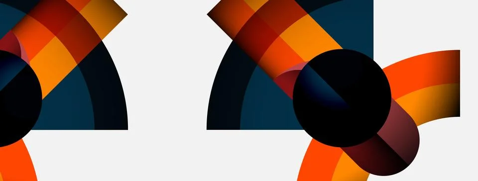 Abstract composition featuring overlapping circles, arcs. Warm colors contrast Illustrazione stock