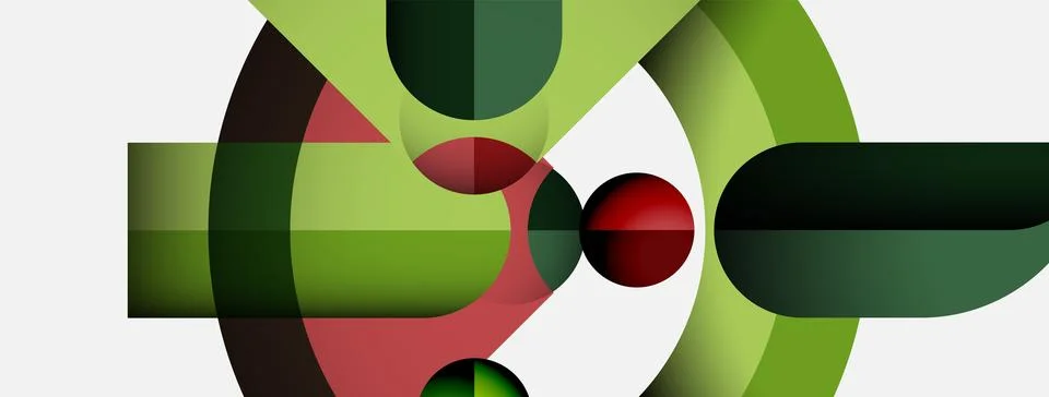 Abstract composition featuring overlapping circles, rectangles. Green, red hues 스톡 일러스트