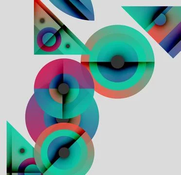 Abstract composition featuring overlapping circles, triangles. Vibrant colors 库存插图