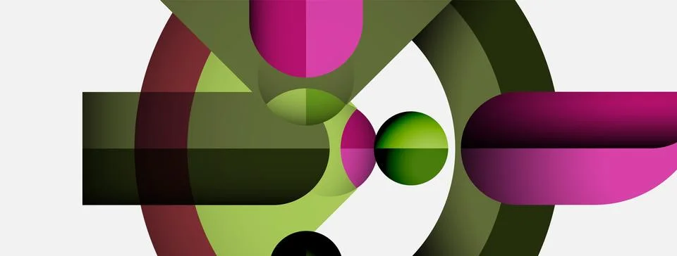 Abstract composition featuring overlapping circles, rectangles. Colors include Stock Illustration