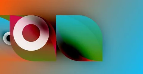 Abstract composition featuring overlapping circles, rectangles. Colors blend, 스톡 일러스트