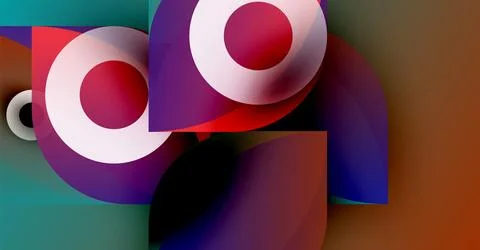 Abstract composition featuring overlapping circles, rectangles. Colors include 스톡 일러스트