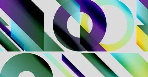 Abstract composition featuring overlapping circles, triangles, gradients. Colors Illustrazione stock