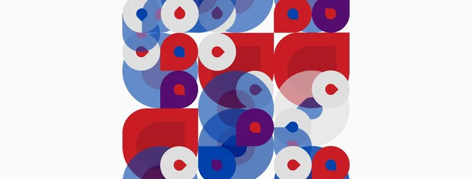 Abstract composition featuring overlapping circles, squares. Red, blue, white 库存插图